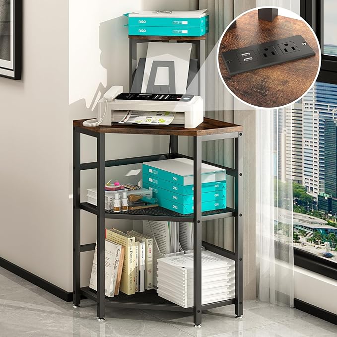 Corner Printer Stand Table, with Power Outlet and USB Charging & LED Lights, for Home Printer Stands, Storage Shelf, Computer Tower/CPU Stand Holder for Home Office, Rustic Brown