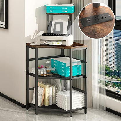 Corner Printer Stand Table, with Power Outlet and USB Charging & LED Lights, for Home Printer Stands, Storage Shelf, Computer Tower/CPU Stand Holder for Home Office, Rustic Brown
