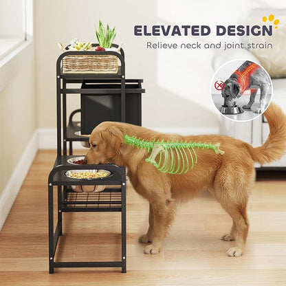 PawHut Dog Bowl Stand with 2 Feeding Stations, 3 Height Adjustable Elevated Dog Bowls with Toy Bin Basket, Lifted Food and Water Bowl, Pet Storage Organizer for Small, Medium, Large Dogs, Black