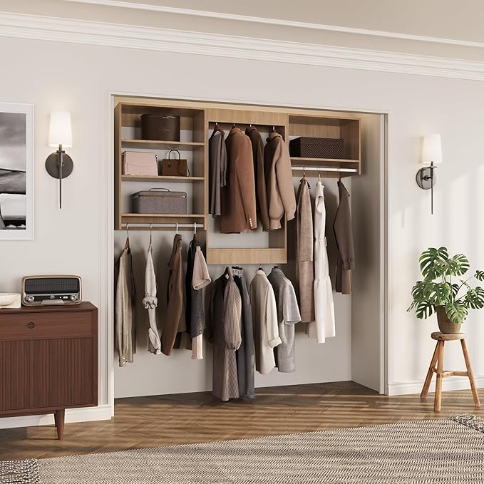ROOMTEC Modular Closet System, 66" Closet Organizer with Hanging Rods, Wall-Mounted Wooden Tower for Walk-In Closets, Wardrobe Storage Kit, Wood