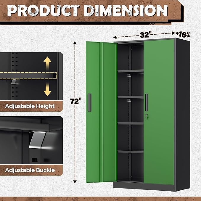 INTERGREAT Metal Lockable Storage Cabinet, 72” Storage Cabinet with 2 Doors and 4 Adjustable Shelves for Office, Home, Garage, Pantry (Assembly Required, Black Green)