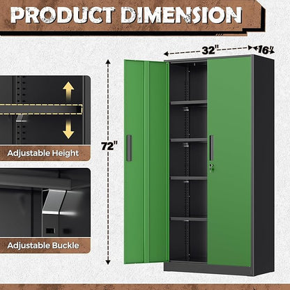 INTERGREAT Metal Lockable Storage Cabinet, 72” Storage Cabinet with 2 Doors and 4 Adjustable Shelves for Office, Home, Garage, Pantry (Assembly Required, Black Green)