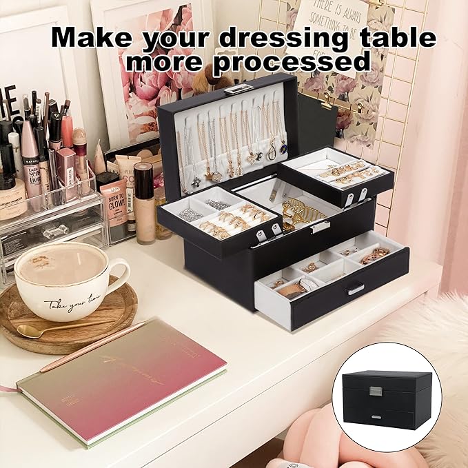 Dajasan Jewelry Organizer Box, Large Jewelry Boxes for Women Girls, Compact 3 Layers Jewelry Storage Case with Drawer, Movable Metal Stand, Modern, Gift Idea (Black)