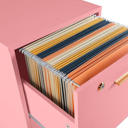 Lavish Home 2 Drawer File Cabinet - Filing Cabinet with Lock - Rolling File Cabinet for Under Desk Storage - Wood Filing Cabinet for Home or Office Organization (Pink)