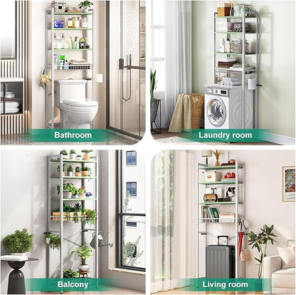 Over-The-Toilet Storage Rack, 4-Tier Bathroom Organizer Shelf Over Toilet with Adjustable Shelf and Basket, Freestanding Space Saver Bathroom Shelves Above Toilet for Room (Avocado Green)
