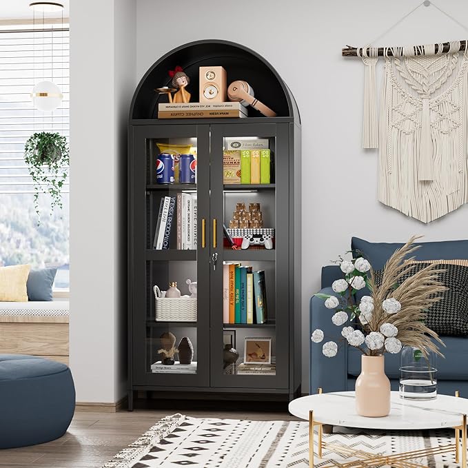 78.74" H Metal Arched Cabinet with Lock and LED Light Strip, Metal Display Cabinet with Glass Doors and Adjustable Shelves,Suitable for Dining Room, Home, Assembly Required,Black