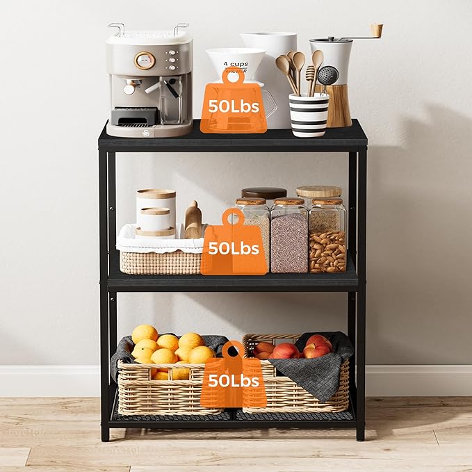 Kitchen Island with 3 Shelves, Kitchen Shelf with Large Workstation, Bakers Rack, Workbench, Metal Frame, Black