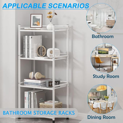 4 Tier Bathroom Storage Open Shelf Unit, Free-Standing Metal Corner Rack Shelving for Kitchen, Living Room, Hallway (White, Wider 4 Tier)