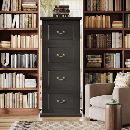 Tribesigns 4-Drawer File Filing Cabinet, Vertical File Cabinet Office Wood Filing Cabinet for A4 / Letter Size Narrow Tall File Storage for Home Office, Black