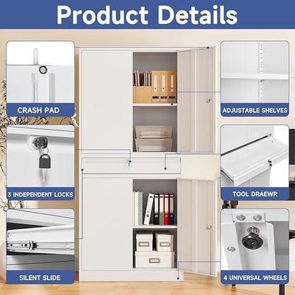 Metal Garage Storage Cabinet, 71" Lockable Storage Cabinet with 2 Adjustable Shelves and 1 Drawer for Garage, Utility Room, Warehouse (White)