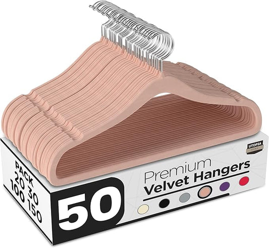 Utopia Home Velvet Hangers 50 Pack – Luxury Non-Slip Slim Pant & Coat Hangers, Strong Space-Saving Clothes Hangers with Pants Bar and 360° Swivel Hook – Pink