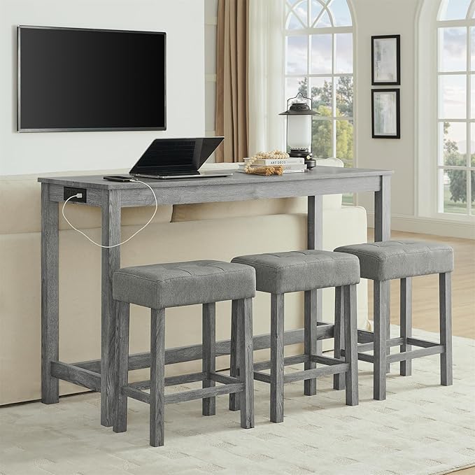 59" Power Outlet Mid Century Console Table, Slim Console Table with Solid Wood Frame, Long Narrow Console Tables for Living Room & Kitchen, Grey