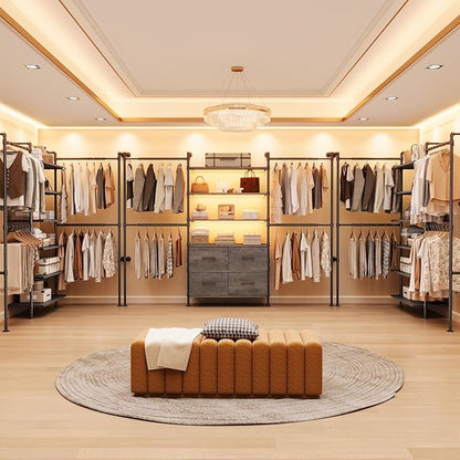 T3 Closet System with Stepless Dimmable LED Light, Industrial Pipe Clothing Rack with 4 Drawers, 6 Wooden Shelves & 4 Telescopic Rods, Heavy Duty Closet Organizers in Wardrobe Closet (Black Gray Oak)