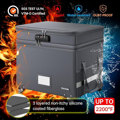 DocSafe Fireproof Document Box with Lock,2-Layer File Box with Wheels,Collapsible File Storage Organizer with Pockets,Large Portable Office Filing Cabinet for Hanging Folders,Gray,16''x13.8''x12.2''