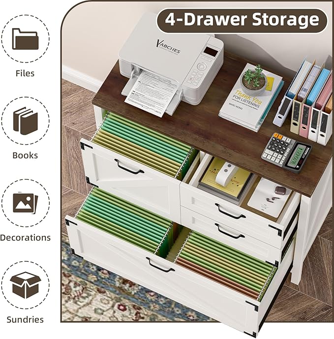 Wood Lateral File Cabinet with 4-Drawer for Hanging Files Letter/A4/Legal Size, Large Farmhouse Filing Cabinets for Home Office, Printer Stand with Office Cabinet, Office Furniture, White and Brown