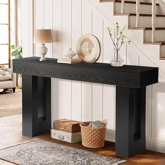 Depeht 63" Long Entryway Console Table, Wooden Farmhouse Sofa Behind Couch Table with Thickened Base, Large Industrial Hallway Accent Furniture for Living Room, Entrance, Foyer, Hallway (Black)