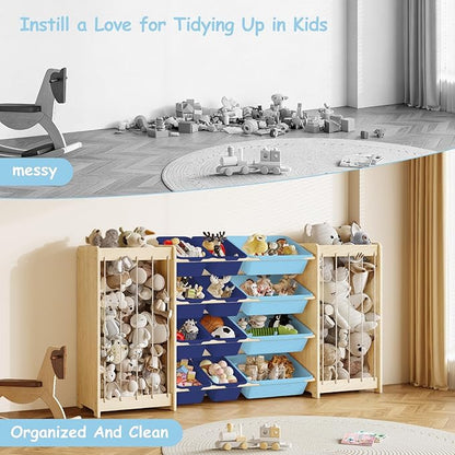 Large Toy Storage Organizer, Wooden Stuffed Animal Storage & 12-Bins Toy Organizer, Double-Sided Plush Toy Holder Featuring Thicker Ropes, Space Save Bedroom Nursery Playroom Storage, Blue