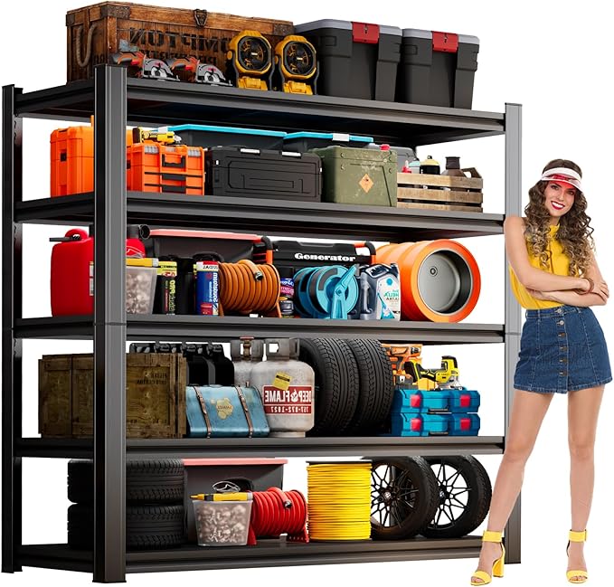 Garage Storage Shelves Heavy Duty 3500 LBS Capacity Metal Garage Shelving, Adjustable 5 Tier Steel Industrial Shelving Units for Utility Room, Warehouse and Basement, Black