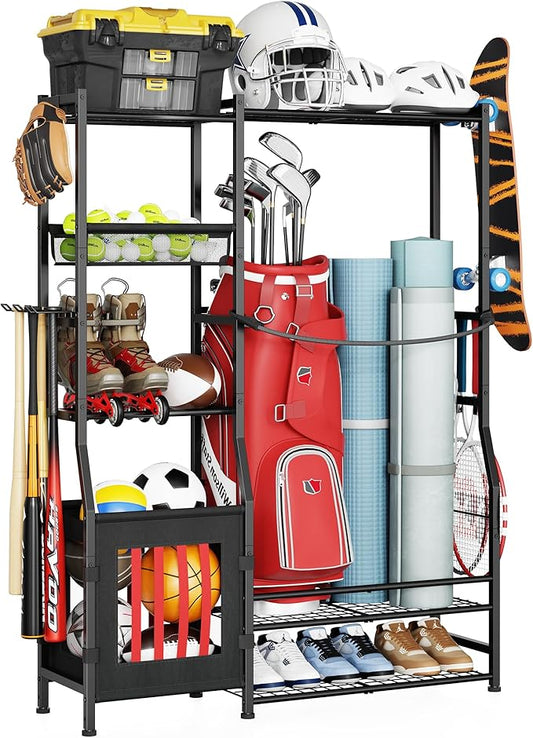 Garage Sports Equipment Organizer, Golf Bag Storage Rack, Organizer for 2 Golf Bag , Indoor/Outdoor Ball Storage Bins for Toy Sports Gear Storage, Ideal for Home, Garage, Club, Shed, Basement