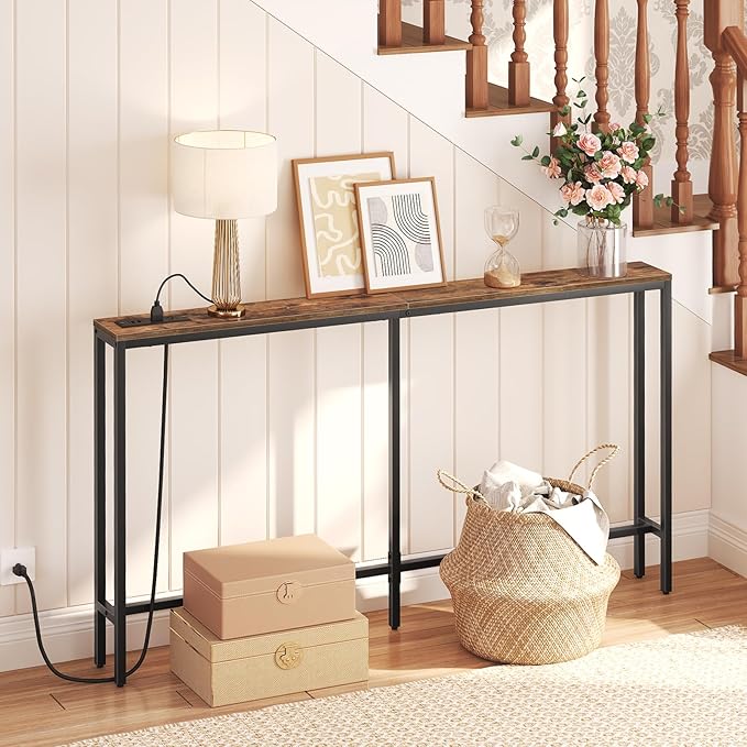 Skinny Console Table with Power Outlets, 55.1" Narrow Sofa Table, Behind Couch Table with Charging Station, Sofa Hallway Table for Plants, Living Room CTHR145E01