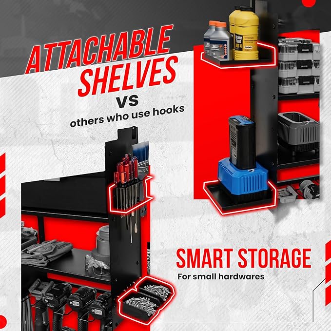 Power Tool Organizer Wall Mount, With Attachable Shelves - Large Garage Storage System, Heavy Duty 4-Tier Rack Holds 12 Drills – Screw Holder Accessories, Utility Shelf for Workshop Organization