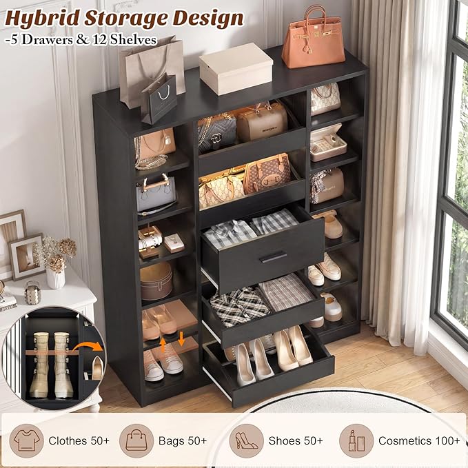 40" Closet System with LED Lights, Wooden Closet Organizer with 5 Drawers & 12 Shelves, Versatile Closet Storage Tower for Walk-in Closets, Shoe Rack and Handbag Storage Cabinet, Black