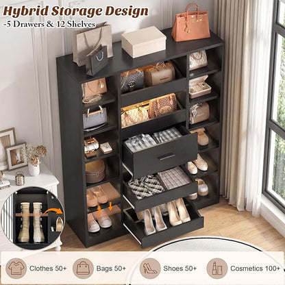 40" Closet System with LED Lights, Wooden Closet Organizer with 5 Drawers & 12 Shelves, Versatile Closet Storage Tower for Walk-in Closets, Shoe Rack and Handbag Storage Cabinet, Black