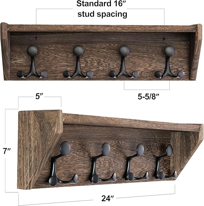 SKOLOO Wall Shelf with Hooks, 24-Inch Weathered Brown Coat Rack Wall Mount with Shelf Organizer - Heavy Duty, 4 Tri Hooks - Perfect for Entryway, Hallway, Living Room, Bedroom, Mudroom