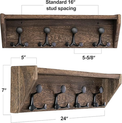 SKOLOO Wall Shelf with Hooks, 24-Inch Weathered Brown Coat Rack Wall Mount with Shelf Organizer - Heavy Duty, 4 Tri Hooks - Perfect for Entryway, Hallway, Living Room, Bedroom, Mudroom