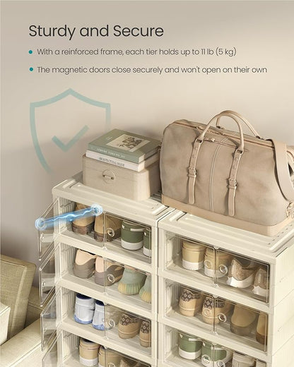 SONGMICS Foldble Shoe Storage Organizer for Closet, Stackable Sneaker Cabinet with Magnetic Door, Large Plastic Container Bins for Living Room, Entryway, 9-Tier for 18 Pairs, Cream White ULSP918WD01