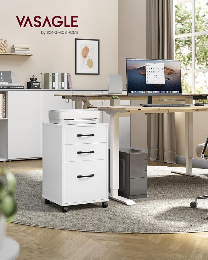 VASAGLE Mobile File Cabinet, 3 Drawers Filing Cabinet with Wheels, for Home Office, for A4, Letter Sized Documents, Adjustable Hanging Rail for File Folders, Cloud White UOFC065WB02S