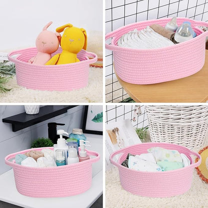 ABenkle Small Basket, 12"x 8" x 5" Cute Small Woven Basket, Rope Room Shelf Storage Basket, Cat Dog Toys Basket Chest Box, Decorative Empty Gift Basket with Handles - All PInk