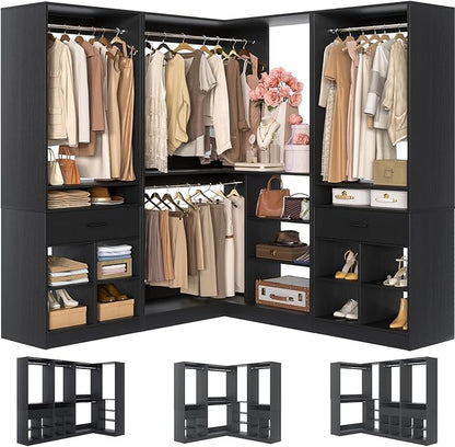 Unikito 86" Corner Closet System, Modular Closets Organizer with 4 Hanging Rods and 2 Drawers, Freestanding Adjustable Wood Clothes Garment Rack with Storage Shelves, Black