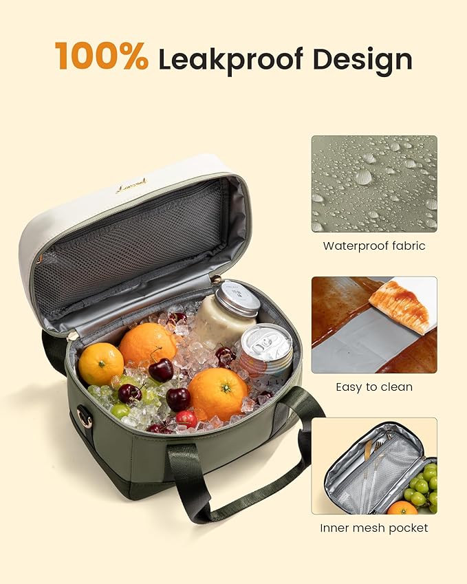 LOVEVOOK Insulated Lunch Box for Women Men, Reusable Lunch Bag with Large Capacity, Leakproof Cooler Lunch Tote for Work, Office, Outdoor Use, Light Green-beige-Dark olive Green