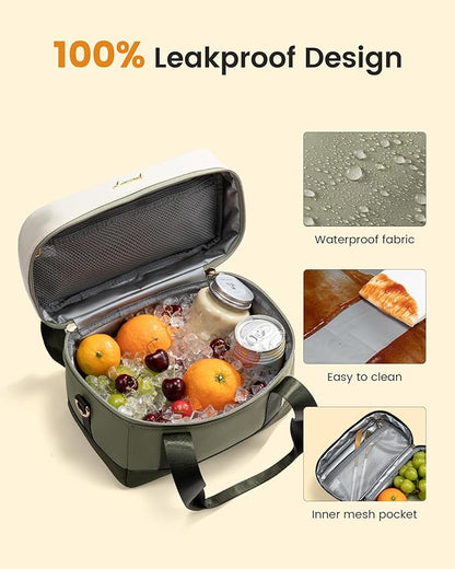 LOVEVOOK Insulated Lunch Box for Women Men, Reusable Lunch Bag with Large Capacity, Leakproof Cooler Lunch Tote for Work, Office, Outdoor Use, Light Green-beige-Dark olive Green