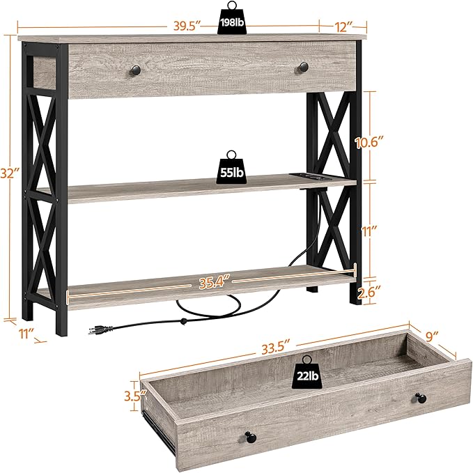 Yaheetech Console Table with Power Outlets and USB Ports, Wooden Entryway Table with Drawer and Open Shelves, Narrow Sofa Tables with Metal Frame for Living Room, Couch, Hallway, Grey