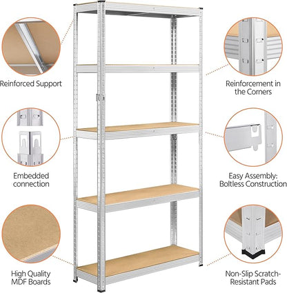 Topeakmart 5-Tier Utility Shelves, Metal Storage Shelves Garage Shelving Unit Adjustable Garage Storage Shelves Storage Racks Heavy Duty Shed Shelving- Silver, 35.5 x 12 x 71 Inch
