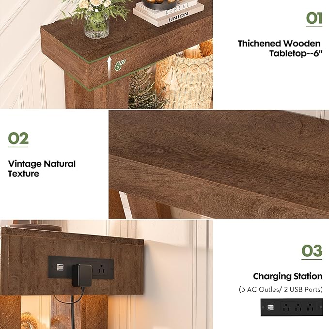 Unikito 63'' Farmhouse Console Table with Power Outlets and Sensor Light, Wooden Entryway Table with Storage, Rectangular Sofa Tables Behind The Couch for Entrance, Hallway, Living Room,