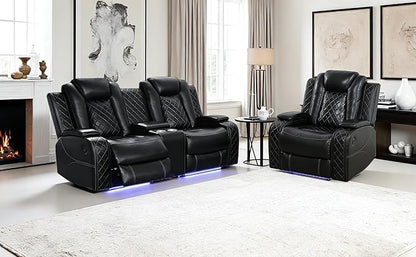 Power Recliner Sofa Set with LED, Leather Reclining Sofa Set Living Room Furniture Set, 2PCS Recliner Loveseat & Chair Sets with Smart Charging Pad,Cup Holders for Home/Office