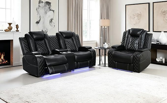 Power Recliner Sofa Set with LED, Leather Reclining Sofa Set Living Room Furniture Set, 2PCS Recliner Loveseat & Chair Sets with Smart Charging Pad,Cup Holders for Home/Office