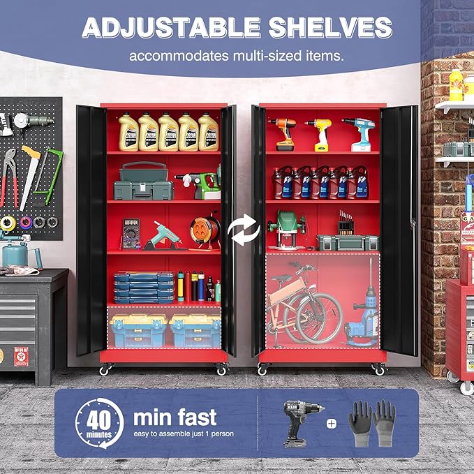 Metal Storage Cabinet with Wheels, Tall Garage Storage Cabinet with 4 Adjustable Shelves and 2 Doors, Lockable Tool Cabinet for Garage Home Office,Gym,School(Black-Red)