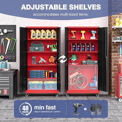 Metal Storage Cabinet with Wheels, Tall Garage Storage Cabinet with 4 Adjustable Shelves and 2 Doors, Lockable Tool Cabinet for Garage Home Office,Gym,School(Black-Red)