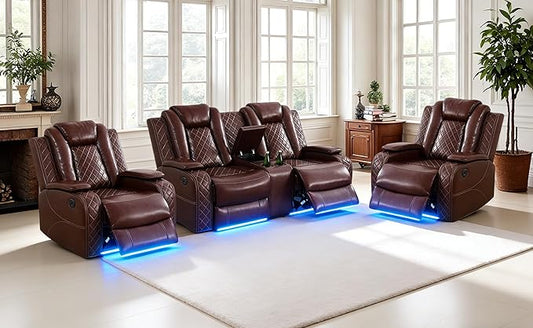 3 Pieces Reclining Living Room Set, Soft Leather Power Recliner Loveseat Chair Set, Living Room Furniture Sets with LED, Cup Holders Hidden Storage for Home/Office/Meeting Room,Brown