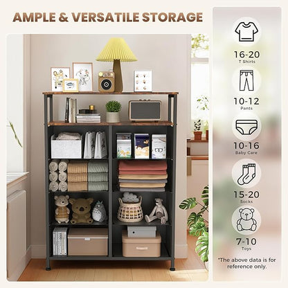 DUMOS Fabric Dresser for Bedroom with 8 Drawers, Tall 8-Drawer Chest of Drawers with Raised Shelf, Storage Tower with Fabric Bins for Closet Organization, Hallway Storage, Brown