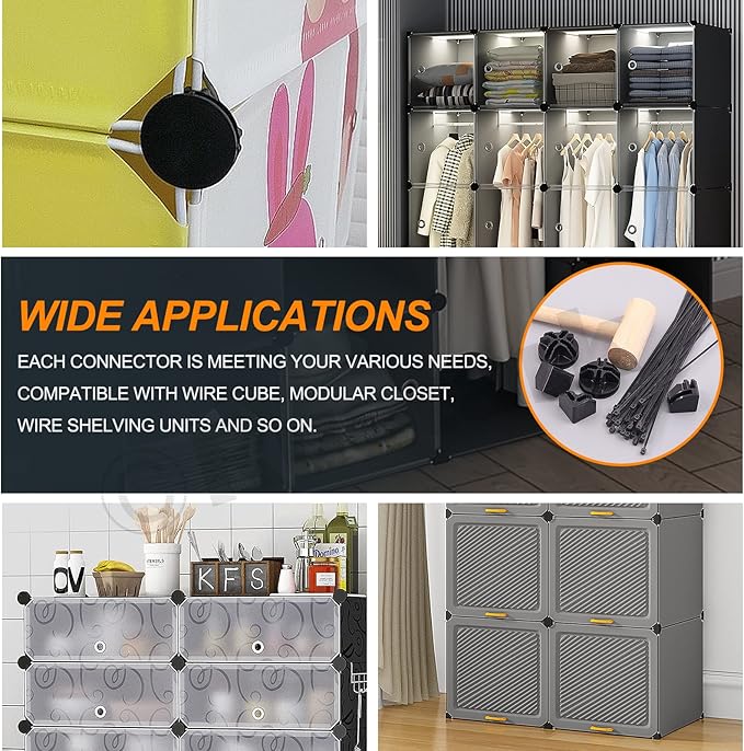 91Pcs Black Wire Grid Cube Connectors with Zip Ties and Wooden Hammer, Cube Storage Connectors Foot Connectors for Cube Storage Modular Closet Storage Organizer and Wire Shelving