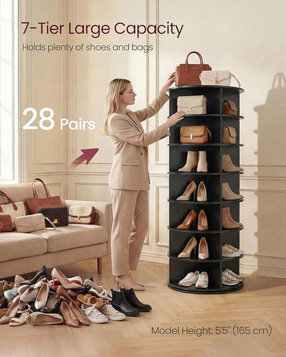 VASAGLE 7-Tier Rotating Shoe Rack Tower, Free Standing 360 Degree Spinning Shoe Organizer, Lazy Susan Bag Display Storage Rack, for Corners, Closets, Small Spaces, Black ULBS047BZ01