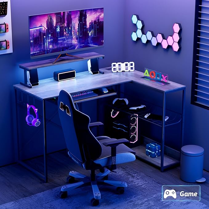 Computer Desk, L Shaped Gaming Desk with Monitor Stand & Storage Shelf & LED Light & USB Power Outlet, Reversible Shelves Corner Table with Keyboard Tray for Gaming, Home Office, Study