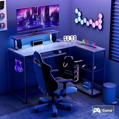 Computer Desk, L Shaped Gaming Desk with Monitor Stand & Storage Shelf & LED Light & USB Power Outlet, Reversible Shelves Corner Table with Keyboard Tray for Gaming, Home Office, Study
