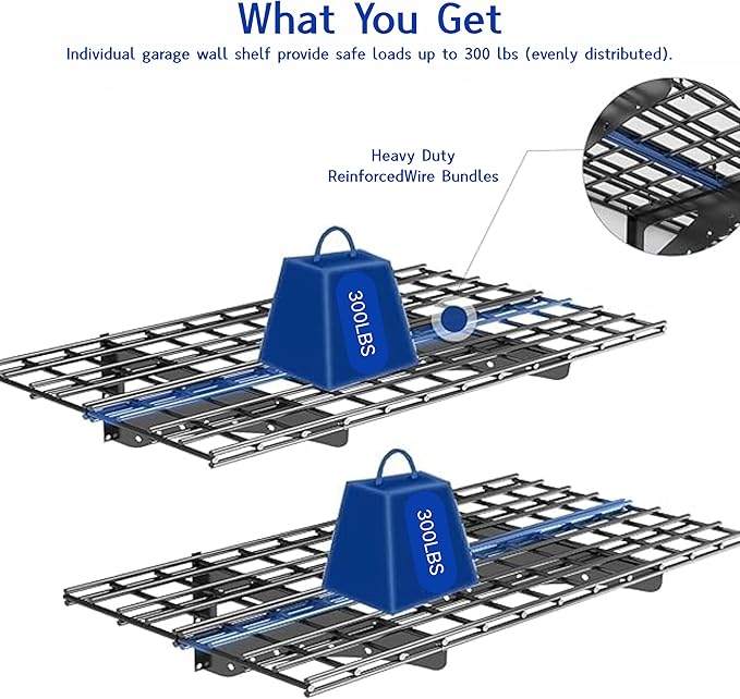 Garage Wall Shelving Heavy Duty,Garage Shelves 2-Pack 48"x24" (2x4 Ft) Metal Wall Mounted Storage with 600 lbs Total Capacity, Black