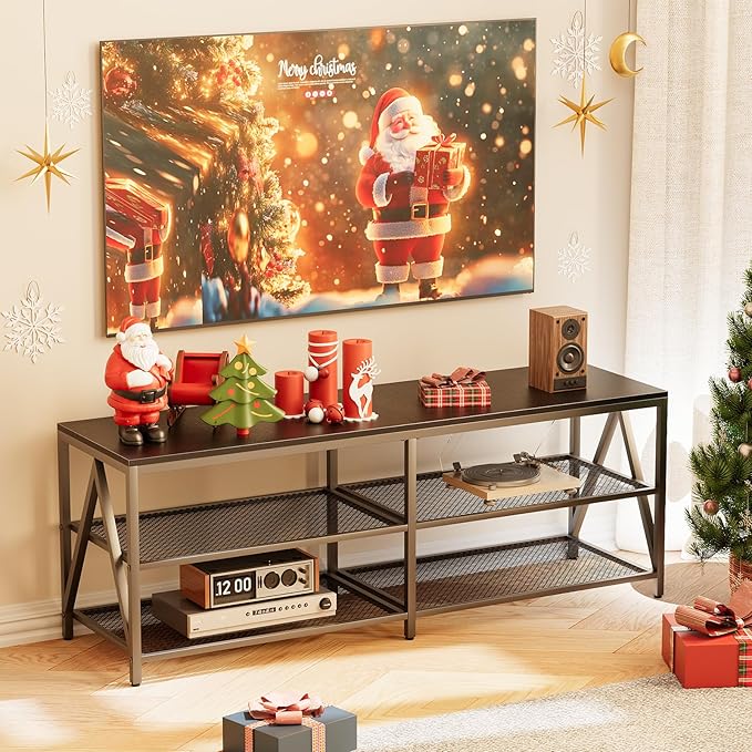 55 inch TV Stand with 3-Tier Open Shelf, Entertainment Center with Power Outlets & 8-Color LED Lights, TV Console Table for Living Room, Bedroom (Black)